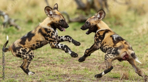 Two African wild dogs are depicted in a moment of playful interaction on the open grasslands, highlighting their unique coat patterns and natural behavior in the wild.
