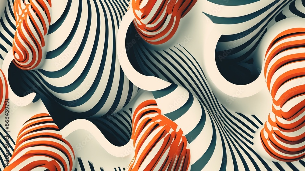 Abstract of intertwined black and white stripes with orange accents, creating a dynamic and visually engaging pattern. Abstract of intertwined black and white stripes with orange accents, creating a dynamic and visually engaging pattern.