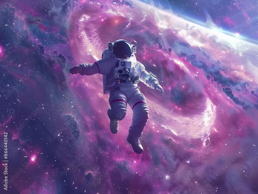 Fototapeta premium astronaut floating amid swirling neon galaxy storm vortex in deep space surreal scifi digital painting