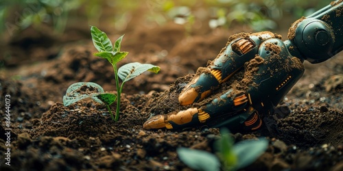 Robotic Hand Tending Seedling in a Lush, Vibrant Garden Environment with Sunlight