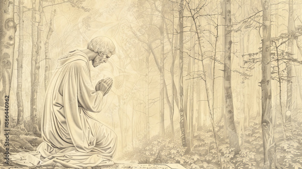Naklejka premium Saint Edmund with Tall Trees, Praying Before Capture, Divine Presence, Biblical Illustration, Beige Background, Copyspace