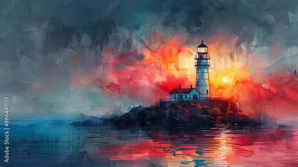 Fototapeta premium Watercolor painting of a lighthouse, copy space banner, vintage background