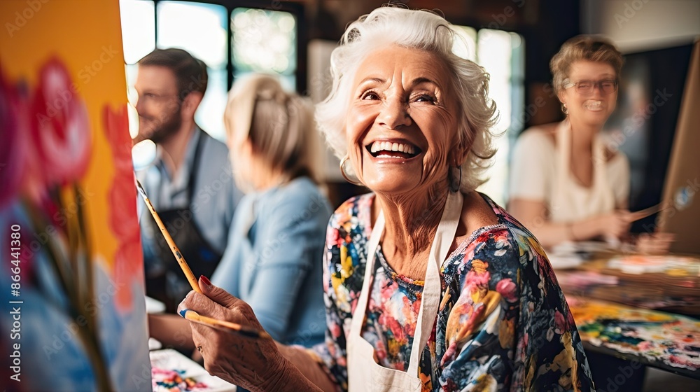 Senior woman enjoys painting Senior woman enjoys painting