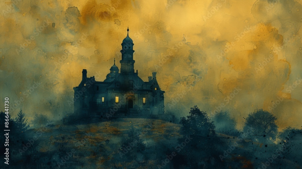 Watercolor painting of a haunted mansion on a hill, copy space banner, vintage background Watercolor painting of a haunted mansion on a hill, copy space banner, vintage background