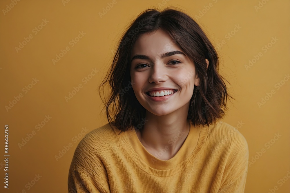 Photo of doubtful unsure lady dressed shirt looking empty space isolated yellow color background Photo of doubtful unsure lady dressed shirt looking empty space isolated yellow color background