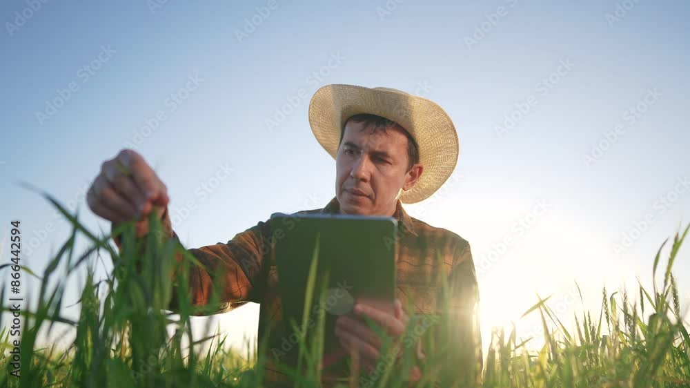 farmer working in wheat a field with tablet. agriculture business concept. male farmer studying and touching green wheat sprouts. farmer in hat working lifestyle in wheat field farmer working in wheat a field with tablet. agriculture business concept. male farmer studying and touching green wheat sprouts. farmer in hat working lifestyle in wheat field