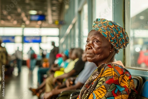Pensive elderly woman with a colorful headwrap sits patiently in an airport, waiting for her flight photo