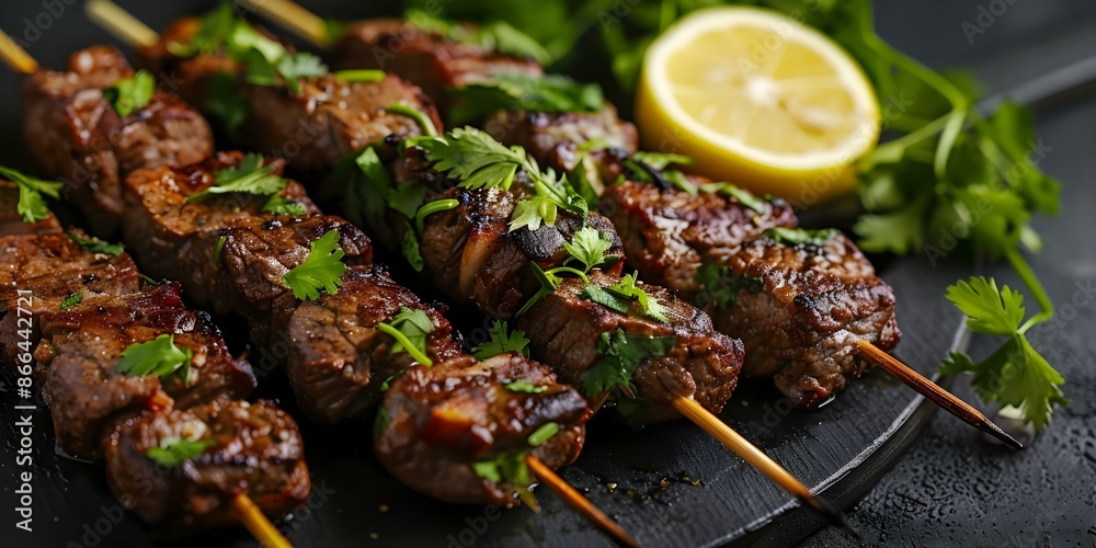 Classic Dish Grilled Boneless Beef Skewers with Lemon Greens and Cilantro. Concept Grilled Boneless Beef Skewers, Lemon Greens, Cilantro, Classic Dish Classic Dish Grilled Boneless Beef Skewers with Lemon Greens and Cilantro. Concept Grilled Boneless Beef Skewers, Lemon Greens, Cilantro, Classic Dish
