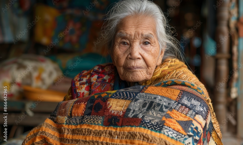 Elderly woman with a quilt, looking homely Elderly woman with a quilt, looking homely