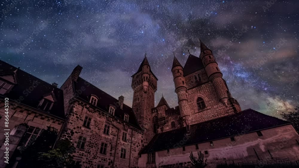 Historic castle with Milky Way backdrop, time-lapse night sky video background Historic castle with Milky Way backdrop, time-lapse night sky video background