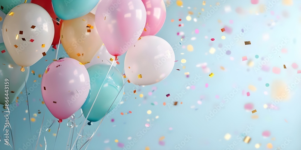 Vibrant Horizontal Banner Featuring Balloons, Confetti, and Bokeh Lights for Party Invitation. Concept Balloon Decor, Confetti Party, Bokeh Lights, Vibrant Banner, Celebration Invitation Vibrant Horizontal Banner Featuring Balloons, Confetti, and Bokeh Lights for Party Invitation. Concept Balloon Decor, Confetti Party, Bokeh Lights, Vibrant Banner, Celebration Invitation