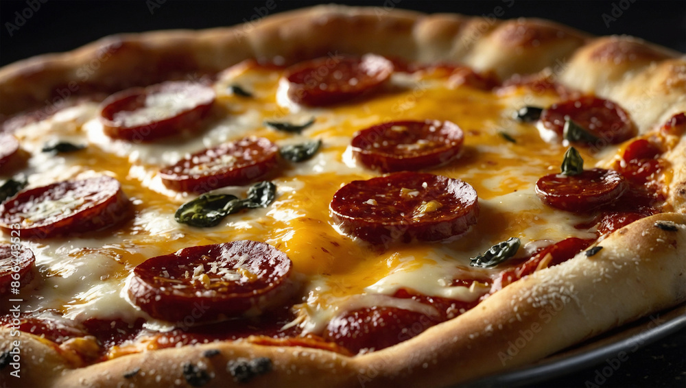 Hot pepperoni pizza with melted cheese and fresh toppings.