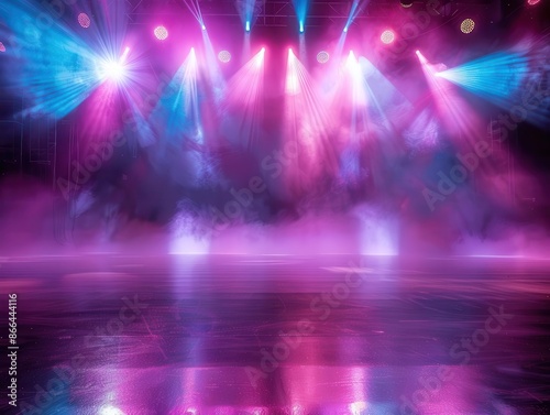 dazzling empty stage with array of colorful spotlights creating ethereal atmosphere fog machines add mystique to dramatic lighting effects and reflective floor