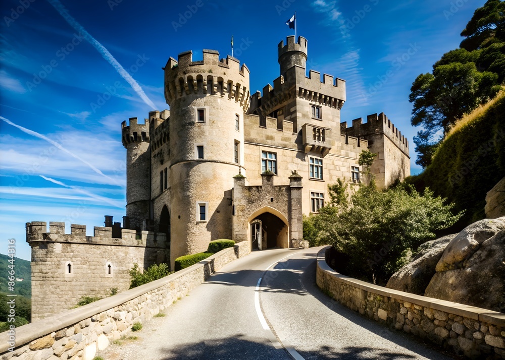 Fototapeta premium a wide stone road leading to a huge magnificent castle