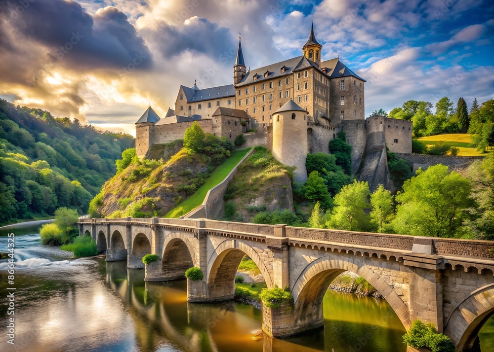 the road leading over the high bridge, across the river, leading to the majestic high castle the road leading over the high bridge, across the river, leading to the majestic high castle