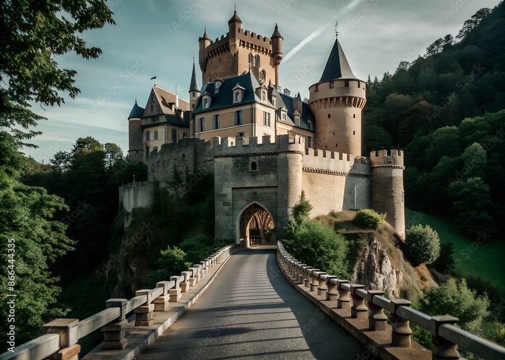 Fototapeta premium a wide stone road leading to a huge magnificent castle