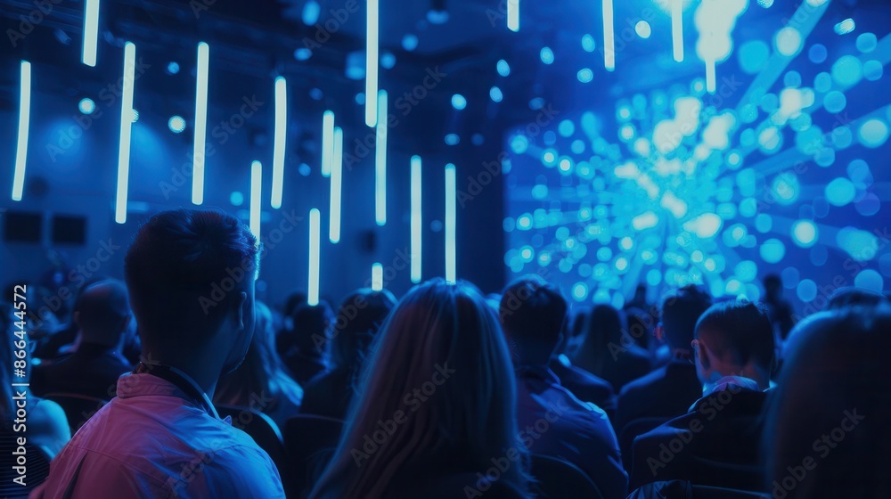 Naklejka premium diverse audience in a sleek hightech conference hall with holographic displays attentively listening to an aipowered presenter