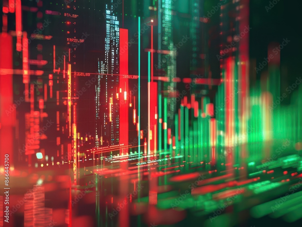 dynamic 3d visualization of financial data with glowing red and green charts rising from a dark background sharp contrasts and digital elements create a sense of urgency and market volatility dynamic 3d visualization of financial data with glowing red and green charts rising from a dark background sharp contrasts and digital elements create a sense of urgency and market volatility
