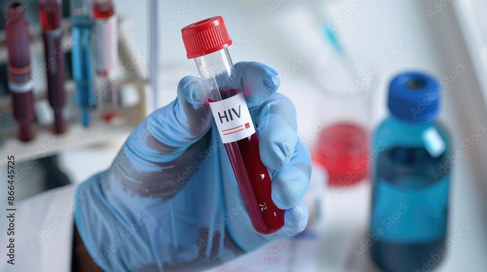 HIV Blood Test Tube Held by a Gloved Hand HIV Blood Test Tube Held by a Gloved Hand