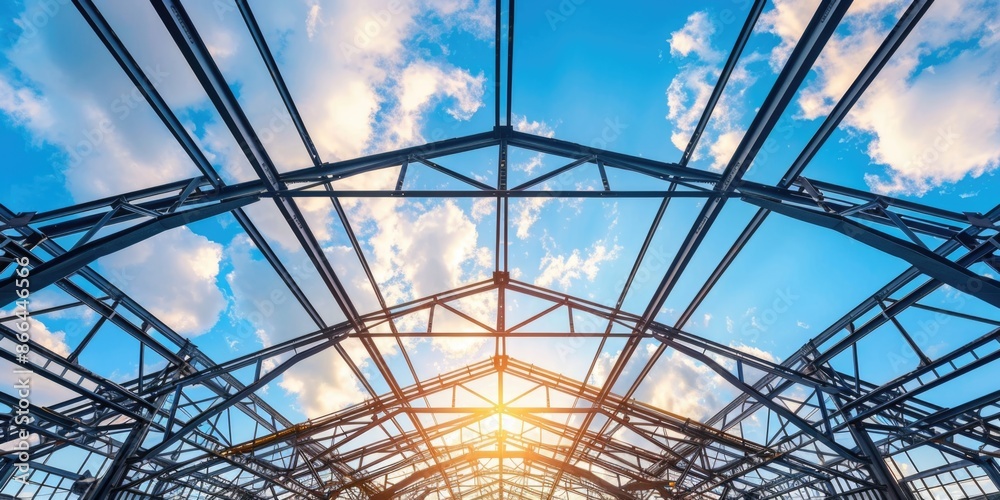 Fototapeta premium Structure of steel roof truss under the construction building with beautiful sky, site of construction