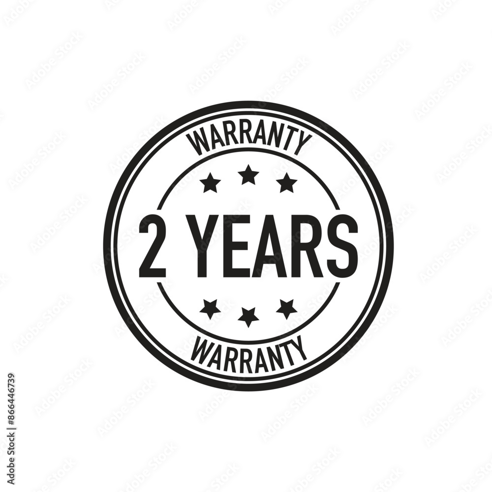 Two-year warranty seal with stars, flat quality assurance badge, isolated on a white background. Two-year warranty seal with stars, flat quality assurance badge, isolated on a white background.