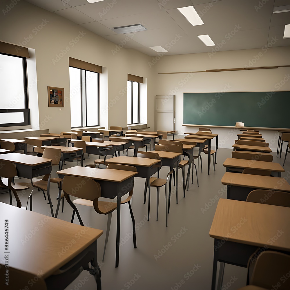 Empty classroom with desks and chairs, chalkboard, and windows. Concept of learning, education, and school. Empty classroom with desks and chairs, chalkboard, and windows. Concept of learning, education, and school.