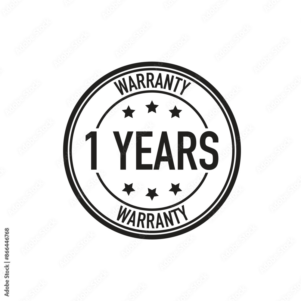 One year warranty seal with stars, flat quality assurance badge, isolated on a white background.