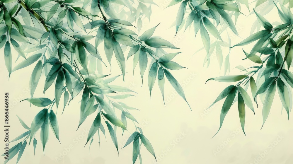 Obraz premium Abstract watercolor painting of green bamboo leaves, elegant natural background with light beige background. Tranquil and serene natural art.