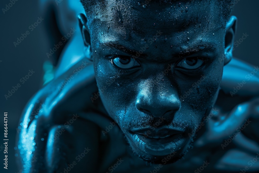 Closeup of a man's face with a focused expression illuminated in dramatic blue lighting