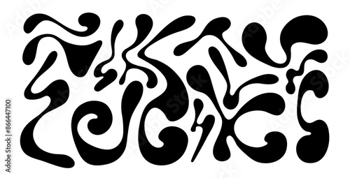 Set of black ink blots. Hand drawn cartoon decorative spots. Various shapes of spread liquid.