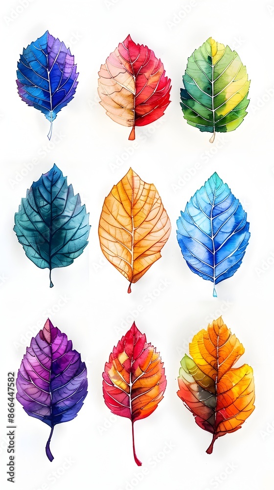 Obraz premium Vibrant Whimsical Watercolor Leaf Set with Rainbow Palette and Playful Childlike Designs on White Background