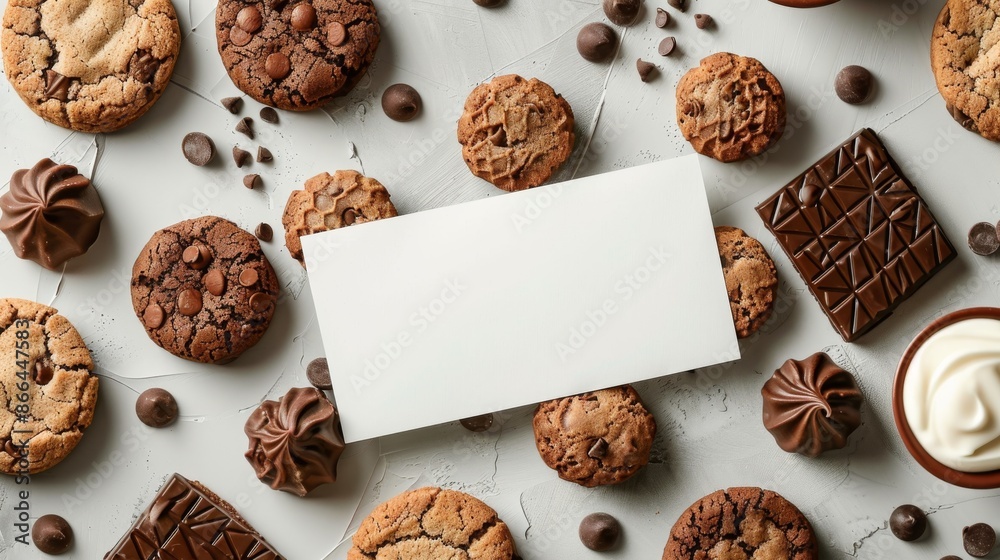 Blank white card surrounded by chocolate, cookies, and sweets. Flat lay concept for a business card or invitation. Blank white card surrounded by chocolate, cookies, and sweets. Flat lay concept for a business card or invitation.