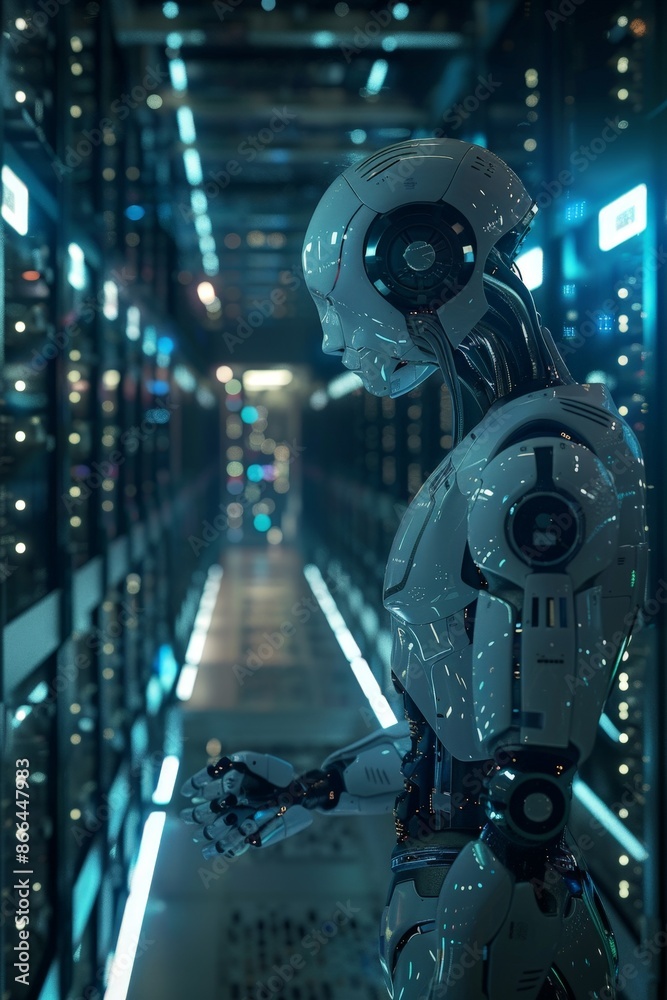 Fototapeta premium A 3D-animated AI robot performing complex calculations in a futuristic data center.
