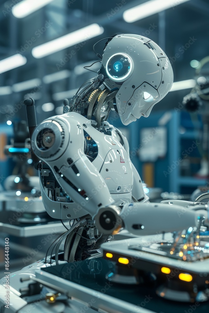 Fototapeta premium A 3D-animated scene of an AI robot assembling high-tech gadgets in a sleek factory.