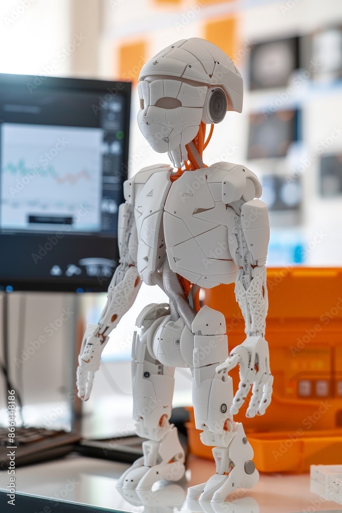 A 3D-printed AI robot designed for medical applications, shown in a high-tech clinic. A 3D-printed AI robot designed for medical applications, shown in a high-tech clinic.