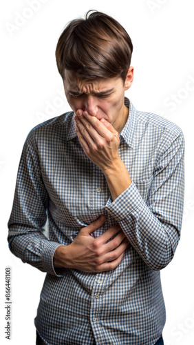 Person feeling nauseous holding stomach with a hand over mouth on transparent background