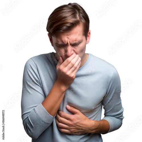 Young man feeling nauseous with hand on stomach and covering mouth on a transparent background photo
