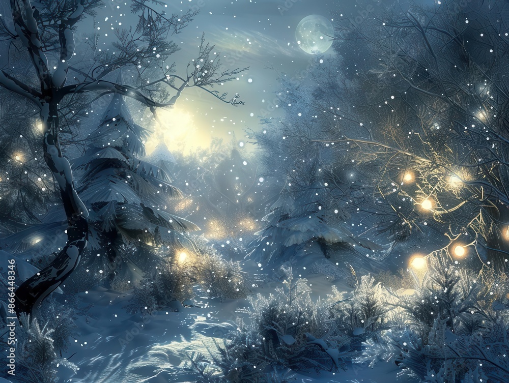 Obraz premium enchanted winter wonderland with luminous christmas trees ethereal glowing orbs and mystical creatures hidden among frosted branches soft moonlight bathes the scene in a silvery glow