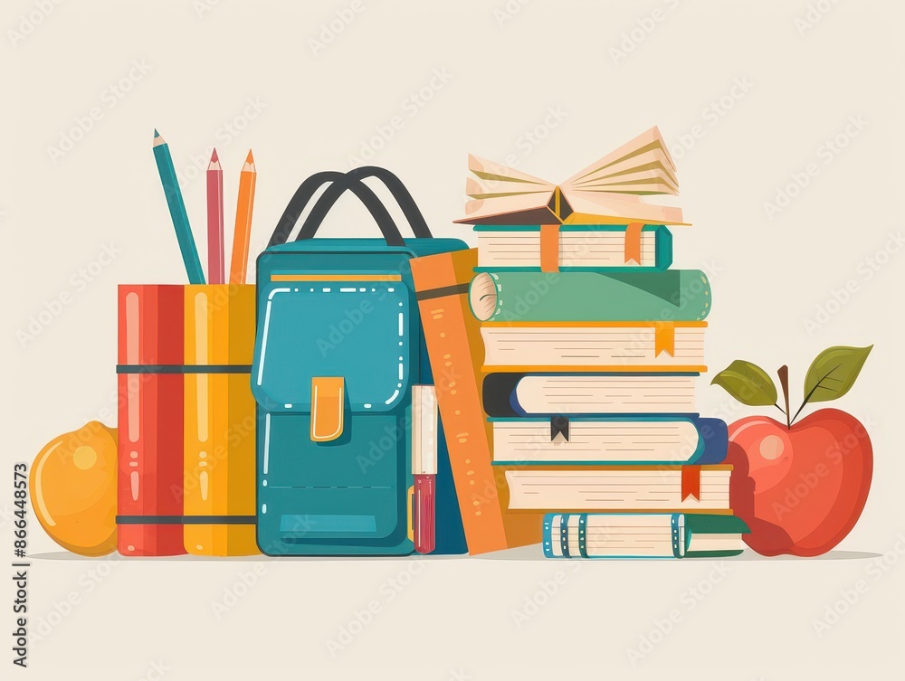 A stack of books and a backpack with a red apple on top A stack of books and a backpack with a red apple on top