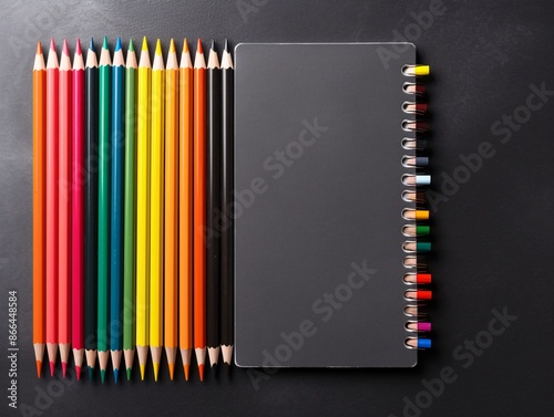 a notebook and colored pencils photo