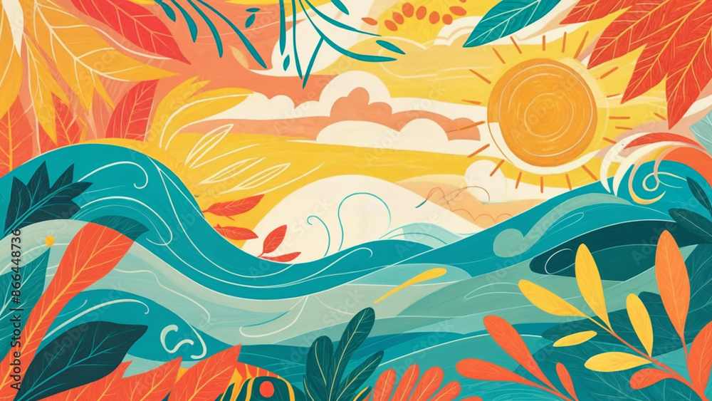summer background, simple, with natural lines. colorful illustration of a sunset, with a variety of shapes and colors, set against a sunny sky. summer background, simple, with natural lines. colorful illustration of a sunset, with a variety of shapes and colors, set against a sunny sky.