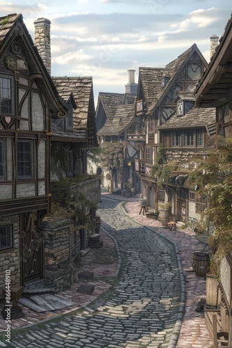 A 3D medieval village with cobblestone streets, charming houses, and townspeople going about their day. © peerawat