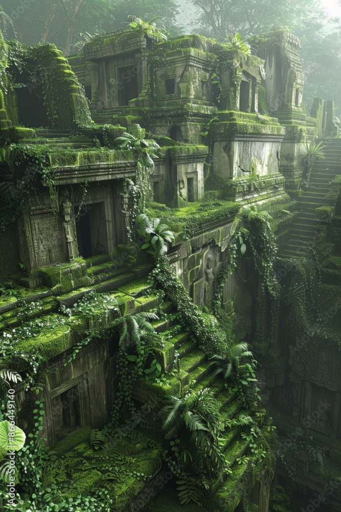 A 3D model of an ancient ruin hidden deep in a jungle, with vines and moss covering the stone structures. A 3D model of an ancient ruin hidden deep in a jungle, with vines and moss covering the stone structures.