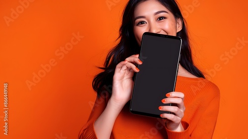 Excited Asian woman holding a giant black smartphone screen for mockup on a vibrant orange background.