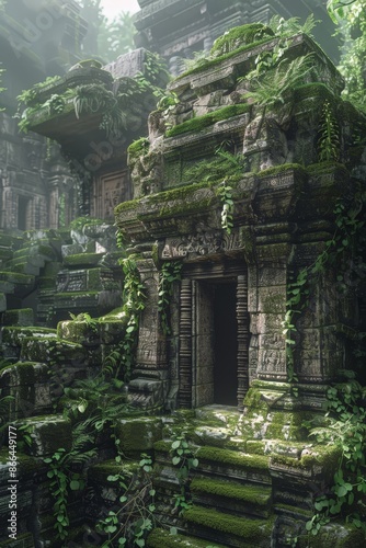 A 3D model of an ancient ruin hidden deep in a jungle, with vines and moss covering the stone structures.