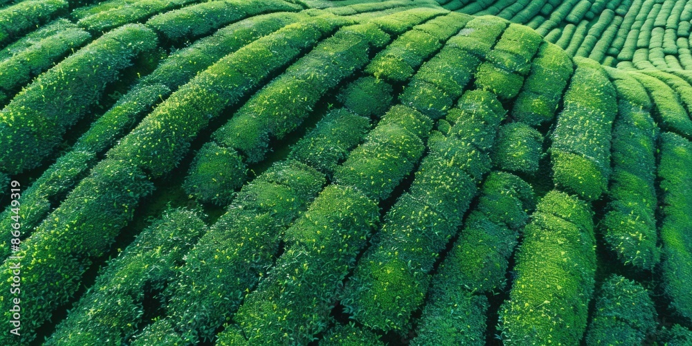 Fototapeta premium Tea field green plantation agriculture background top leaf farm landscape pattern drone. Organic field mountain green plant tea table view.