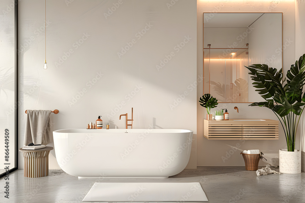 Modern minimalist beige bathroom interior, modern bathroom cabinet with interior plants, bathroom accessories . 3d rendering Modern minimalist beige bathroom interior, modern bathroom cabinet with interior plants, bathroom accessories . 3d rendering
