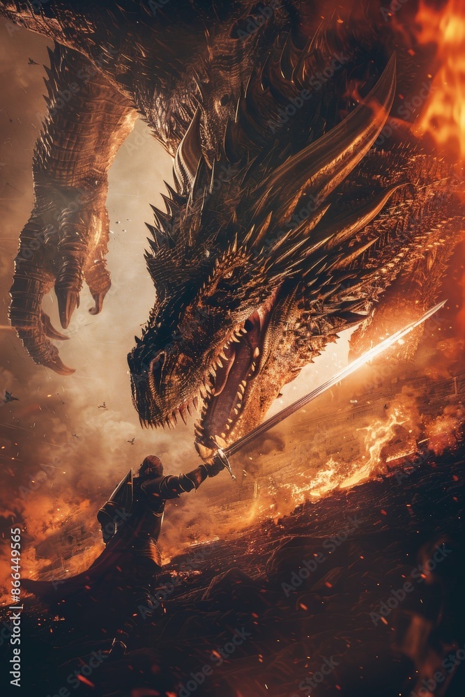 Fototapeta premium A brave knight with a mystical sword battles a fearsome, fire-breathing dragon to save the kingdom.