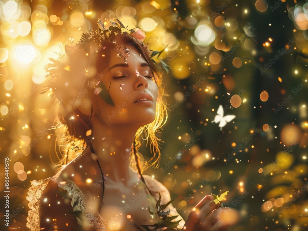 ethereal portrait of a woman bathed in golden sunlight surrounded by floating flower petals and shimmering nature spirits in a dreamy forest glade ethereal portrait of a woman bathed in golden sunlight surrounded by floating flower petals and shimmering nature spirits in a dreamy forest glade