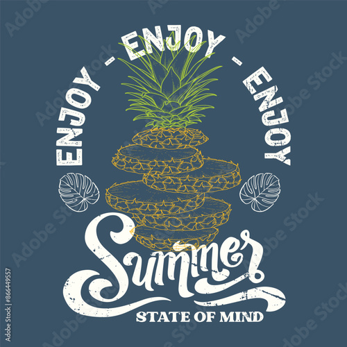 Summer Pineapple Badge. Summer with pineapple t-shirt design. Vector banner with a ripe pineapple and a calligraphic. summer poster, flyer, invitation, card, t-shirt design. Vector illustration.eps photo